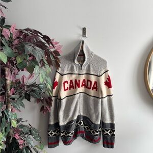 Hudson Bay Zip-Up Knit Sweater Jacket - Gray, Cream & Red lambsWool